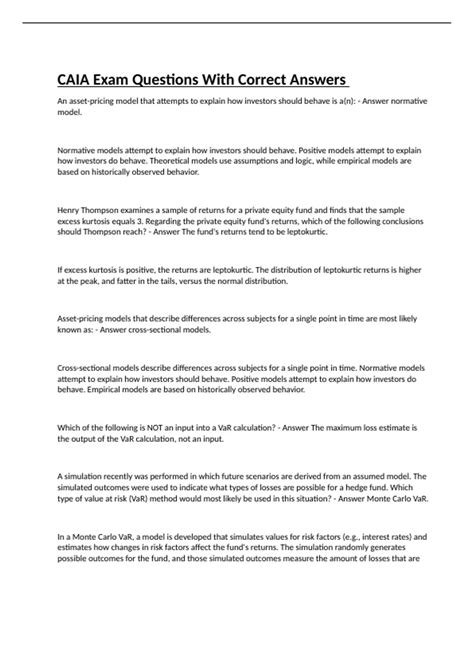 CAIA Exam Questions With Correct Answers - CAIA - Chartered Alternative ...