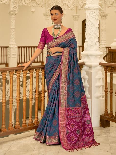 Buy Teal Blue Patola Printed Silk Wedding Wear Saree With Blouse Online ...