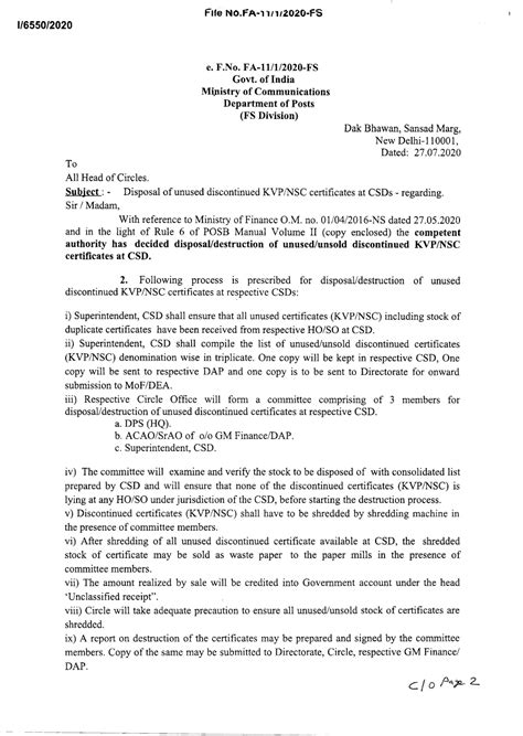 Disposal of unused discontinued KVP/NSC certificates at CSDs - PoTools ...