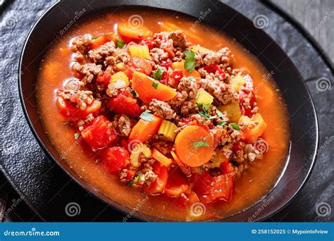 Hamburger Soup with Barley and Vegetables in Bowl Stock Image - Image ...
