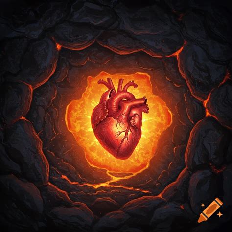 Anatomical heart glows inside a rocky cave with lava. on Craiyon