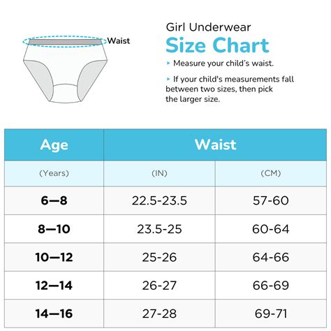 Size Chart - Girl Underwear 6 - 16