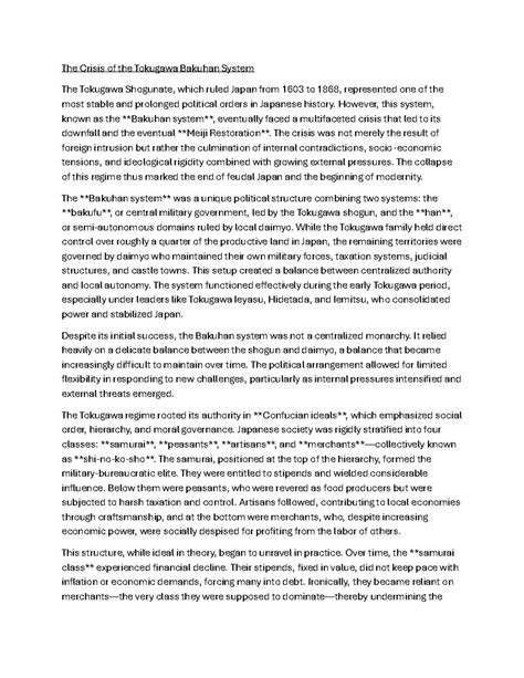 The Crisis of the Tokugawa Bakuhan System: An Analysis of Decline - Studocu