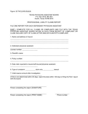 Fillable Online Texas Physician Assistant Professional Liability Claims ...
