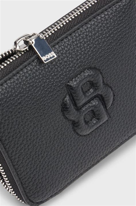 BOSS - Small grained ziparound wallet with Double B monogram - Black
