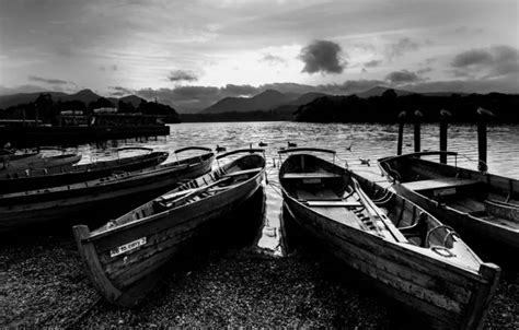 Download wallpaper shore, boats, pond, black and white photo, section ...
