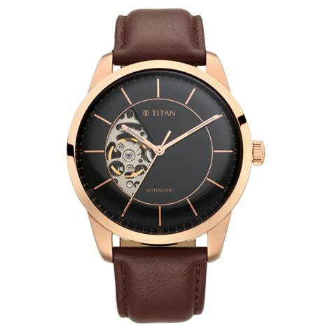Buy Online Titan Automatic Sectoral Black Dial Brown Leather Strap ...