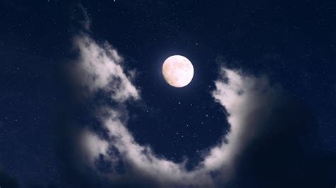 Full moon Wallpaper 4K, Clouds, Night, Starry sky