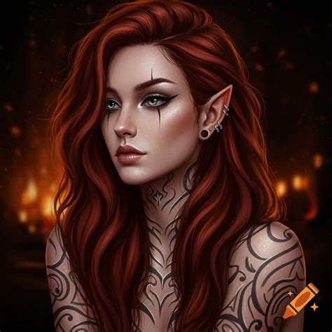 Digital painting of a pale, red-haired elf woman with grey eyes ...