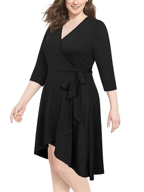 Chama Plus Size 3/4 Sleeves Wrap Midi Dress for Women - Walmart.com