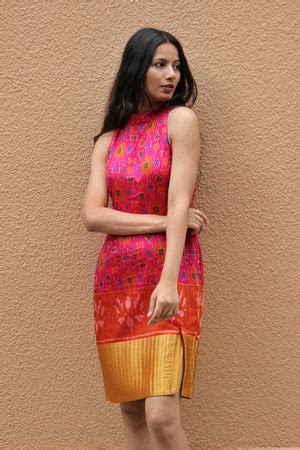 Pink Patola Silk Halter Pencil Dress - Mogra Designs
