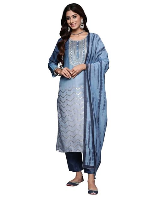 Buy INDO ERA Women's Embroidered Silk Blend Calf Length Straight Kurta ...