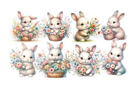 Set of 8 Cute Bunnies PNG, Watercolor Bunny Clip Art, Watercolor Bunny ...