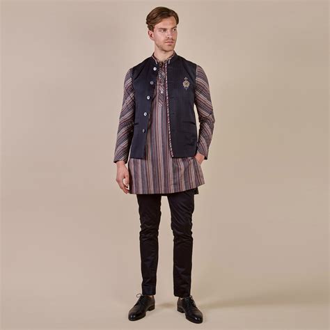 Midnight Blue Pin Striped Nehru Jacket | PANJ