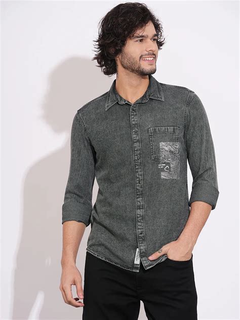 Being Human Men's Charcoal Grey Denim Shirt with Graphic Print