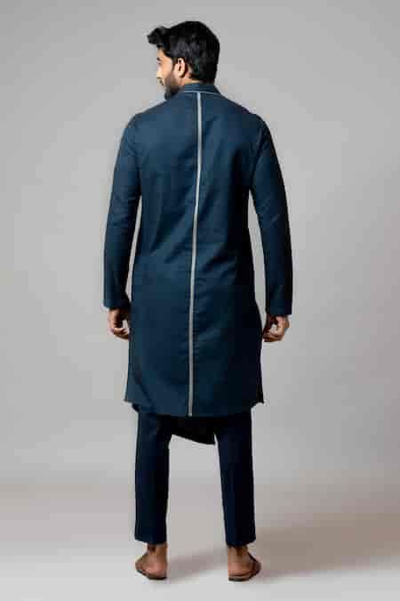Buy Blue Kurta Linen Pajama Pant Malai Cotton Pintuck Set For Men by ...