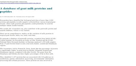 CIRG research on goat milk protein and peptide reviewed by Nature India ...