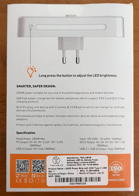 T Teclusive 2500W 10A Extension Power Strip with USB Ports | 2 Power ...