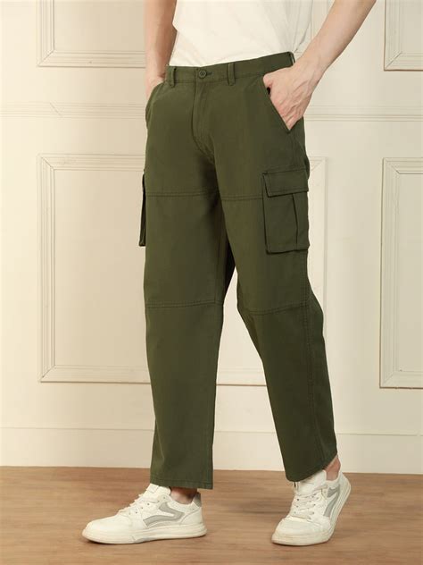 Men's Olive Relaxed Fit Solid Cotton Lycra Stretchable Trousers ...
