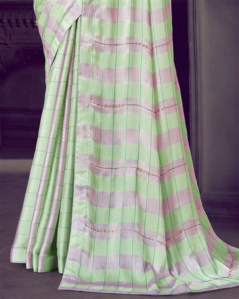 Vishal Prints Pastel Green Patterned Chiffon Printed Saree With Diamon