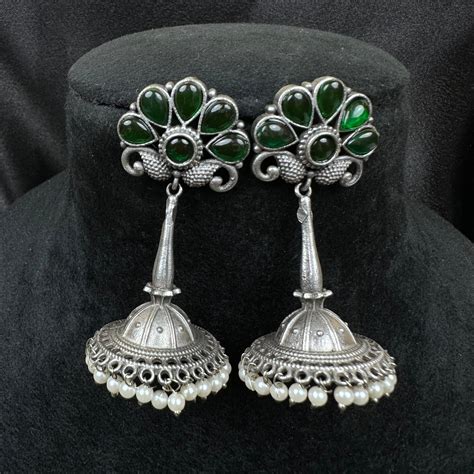 Traditional Oxidised Silver Plated Jhumka Earrings with Stone Work Gre ...