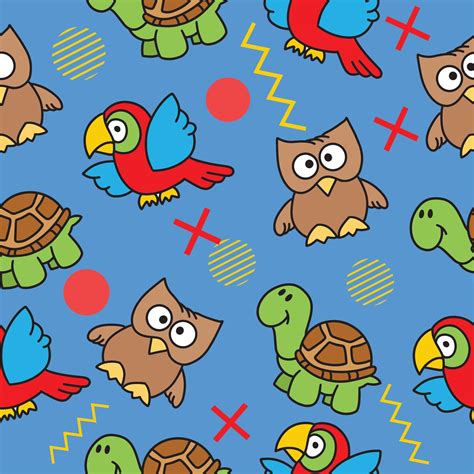 Cute Animal Bird Owl and Turtle Seamless Pattern doodle for Kids and ...