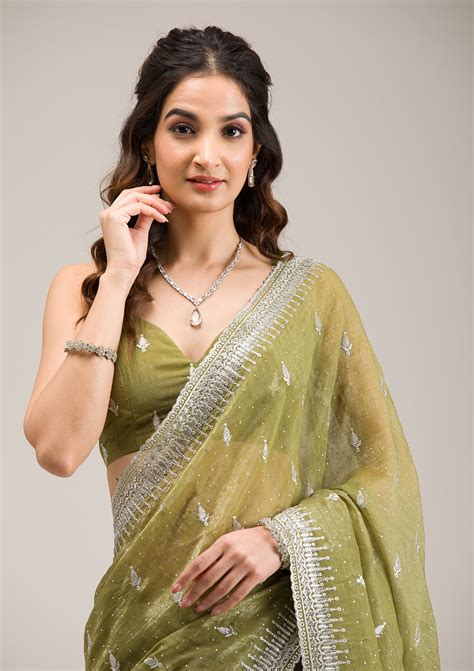 Buy Mehendi Zariwork Tissue Saree - Koskii