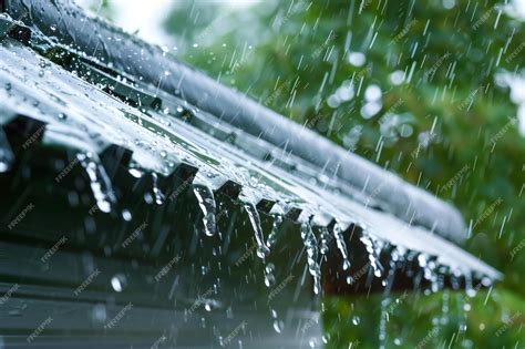 Closeup of rain pouring down on the eaves of an exterior house roof ...