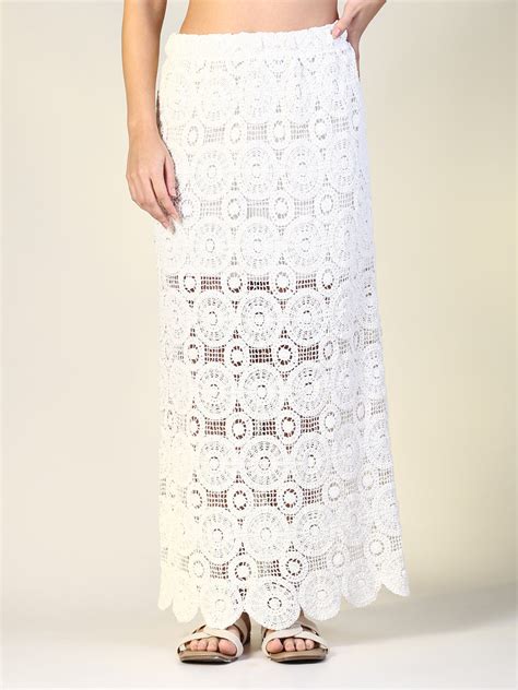SHOWOFF Women's Off White Solid Straight Crochet Skirt