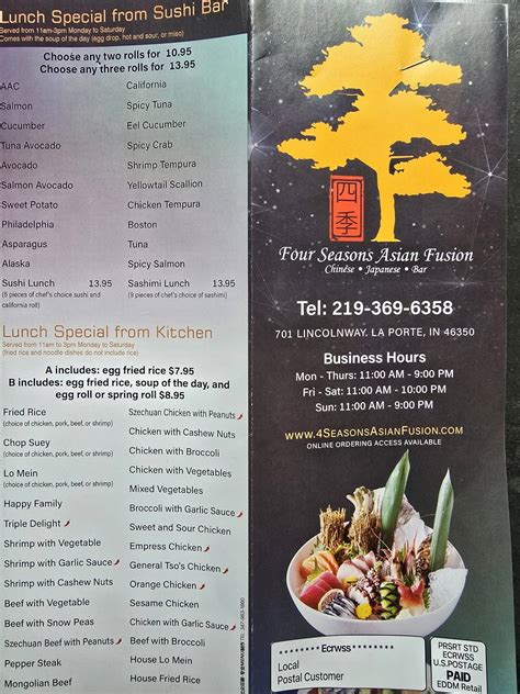 Menu at Four Seasons Asian Fusion restaurant, La Porte