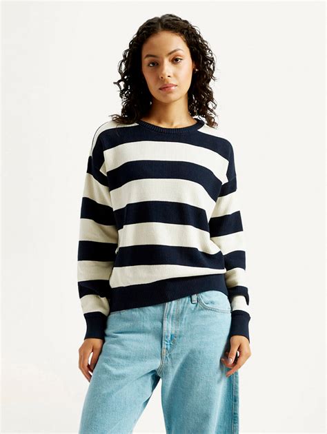 Women's Striped Navy Crew Neck Sweater – Levis India Store