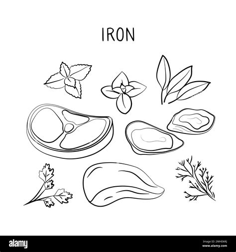 Iron-containing food. Groups of healthy products containing vitamins and minerals. Set of fruits ...