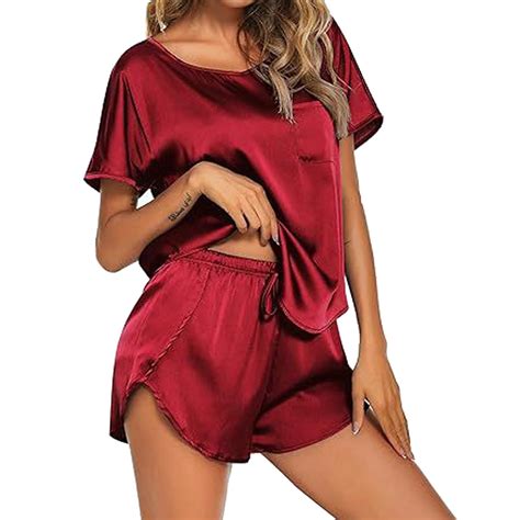 cfhntfmh Satin Pajamas for Women Short Sleeve Soft Sleepwear Top with ...