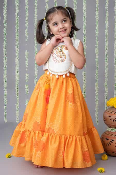 Buy Yellow Muslin, Cotton Bows Bandhani Printed Lehenga With Blouse For ...