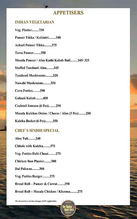 Menu at The Marina Upper Deck - Rooftop Cafe - Sea Palace Hotel, Mumbai