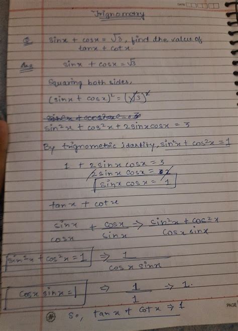 If sinx + cosx = _/3, find the value of tanx + cotx. - Brainly.in