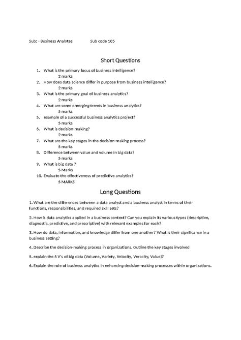 BA Questions - question imp - Sub: - Business Analytes Sub code 105 ...