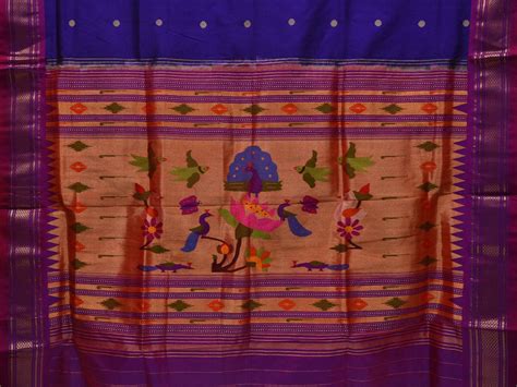 Dark Blue Paithani Silk Handloom Saree with Peacocks and Parrots Pallu ...