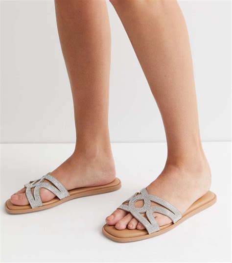 Wide Fit Silver Diamanté Sliders | New Look