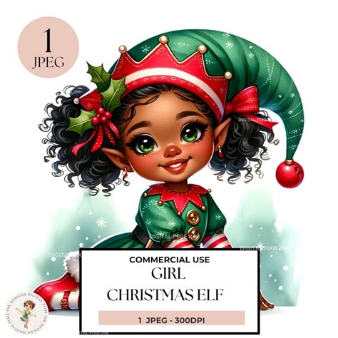 Girl Elf Clipart, Black Girl Elf Clipart, Watercolor Santa Elf Clipart ...