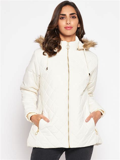 Women's Casual Ivory Quilted Detachable Hood with Faux Fur trim Jacket ...