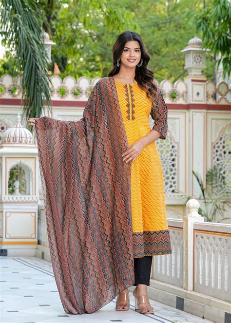 YASH GALLERY Women's Cotton Geometric Print Anarkali Kurta (Mustard ...