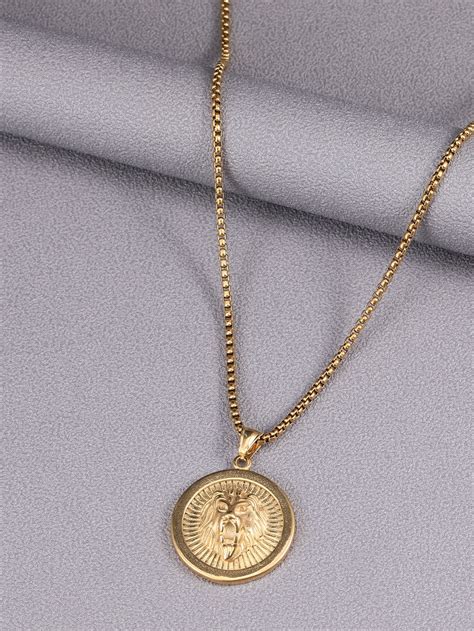 Colar de charme redondo com detalhe de cabeça de leão masculino | Mens ...