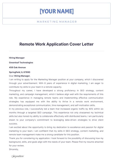 Free Remote Work Application Cover Letter Template to Edit Online