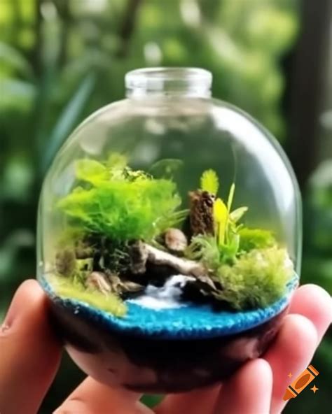 Ecosystem terrarium featuring vegetation and miniature lake on Craiyon