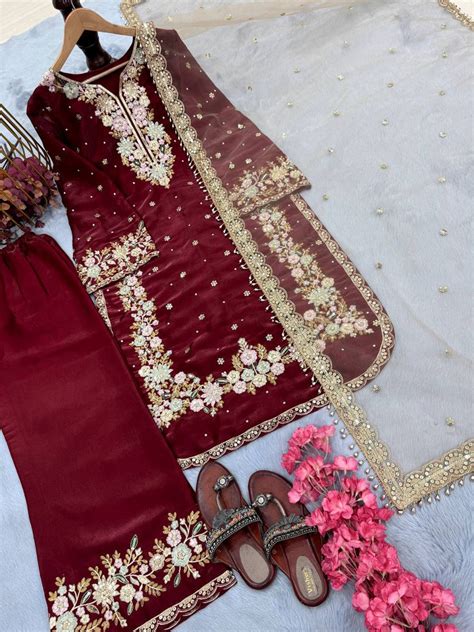 Maroon Designer Party Wear Chinon Silk Plazzo Set – Exquisit