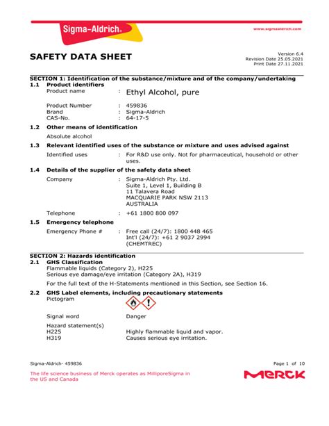 Ethyl Alcohol Safety Data Sheet