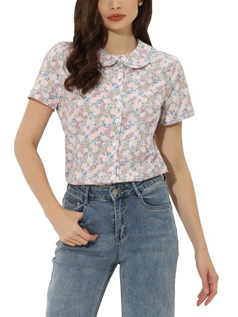 ATHLECHIC Women's Summer Peter Pan Collar Shirts Button Front Vintage Floral Blouse Top XL Pink ...