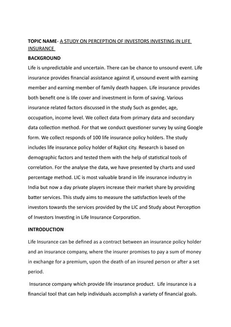 a study on perception of investors investing in life insurance - TOPIC ...