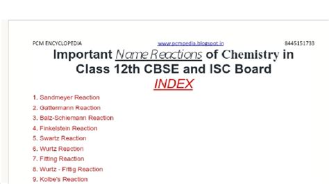 Important Name Reactions in Chemistry for Class 12 (CBSE & ISC) - Studocu
